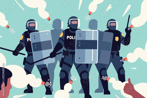 Illustration Of A Group Of Police Officers Carrying Shields Being Pelted With Smoke Fireworks Vector Design Template