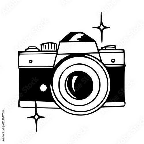 retro SLR camera icon in hand-drawn black and white style
