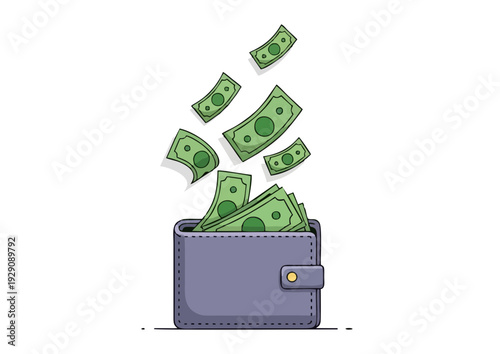 Money flying out of a wallet, scattered banknotes, financial transaction, illustration, close-up view