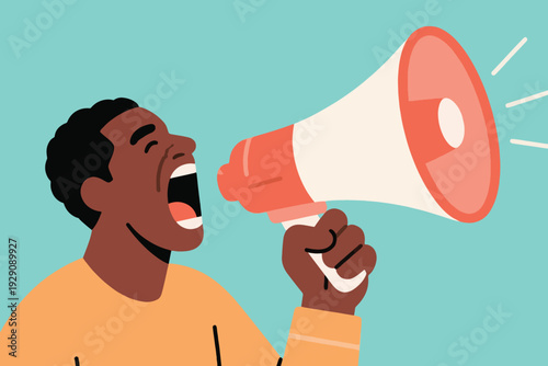 Illustration Of A Young Man Shouting Using A Loudspeaker On A Blue Background Vector Design Template