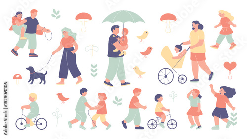 happy family people walking and playing together outdoors with pets and plants