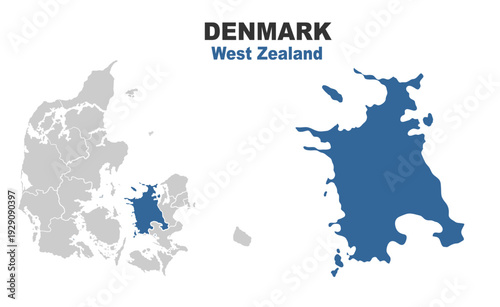 West Zealand map showing highlighted location in Europe.