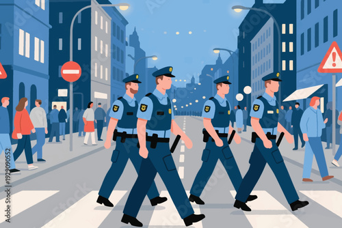 Illustration Of A Group Of Police Officers Patrolling Amidst A City Crowd At Night Vector Design Template