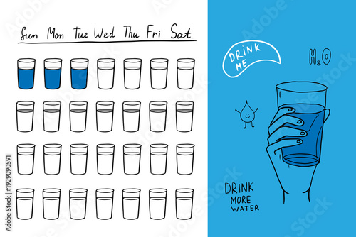 Daily water intake tracker and hydration reminder. Hand drawn