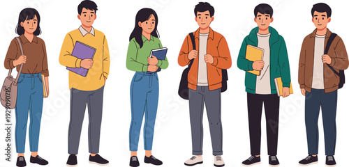 Six cartoon students standing with books and bags people education school