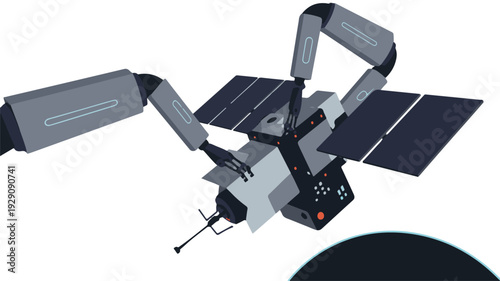 A Futuristic Digital Illustration of a Space Station with Solar Panels and Robotic Arms in Orbit Around a Planet