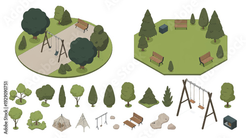 Isometric park and playground elements on white background