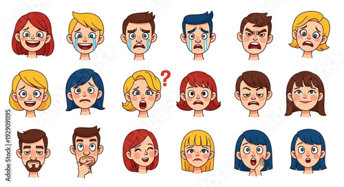 Diverse collection of illustrated human faces depicting various emotional expressions and feelings.