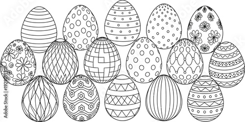 An assortment of beautifully decorated Easter eggs showcasing diverse patterns and designs, perfect for springtime celebrations and creative holiday activities.
