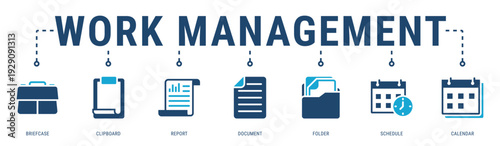 Work Management web banner icon vector illustration with Briefcase, Clipboard, Report, Document, Folder, Schedule and Calendar