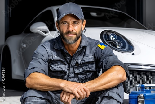 Professional auto mechanic sitting in garage beside luxury sports car