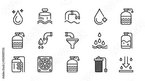 line icons of water and liquid related objects and signs