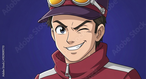 Smiling anime character winking with a confident expression, wearing a cap and jacket.