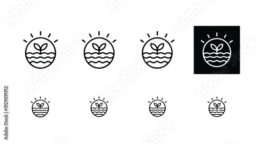 line style icons of seedling growing in soil with sun rays  eco friendly and nature concepts