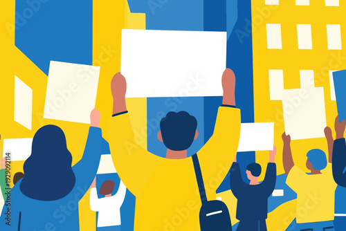 Illustration Showing A Group Of Demonstrators From Behind, Demonstrating While Carrying Posters Vector Design Template