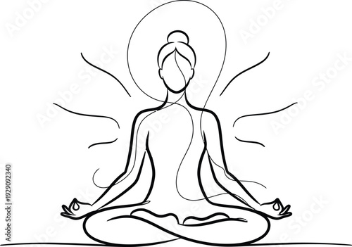 Minimalist line art drawing of a person meditating in a lotus pose with subtle energy lines representing spiritual calm and mindfulness.