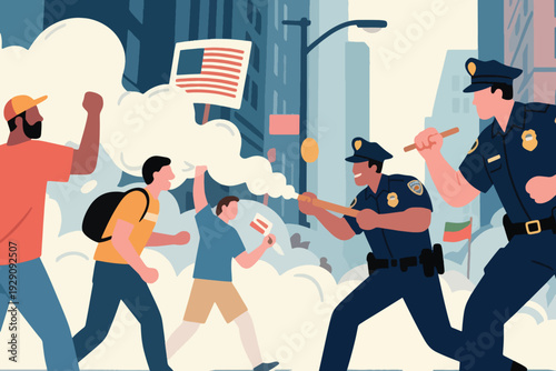 Illustration Of A Police Officer Firing Tear Gas At Demonstrators Vector Design Template
