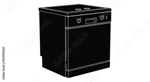 A stark black and white depiction of a modern dishwasher emphasizing its form and function a striking silhouette