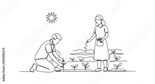 A minimalist line drawing of a man and woman planting a young seedling in garden. A gardening and environmental concept symbolizing growth, sustainability, and participation in Earth Day activities.