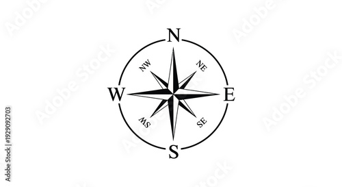 A detailed black compass rose illustration displays cardinal directions and intermediate points creating a navigational silhouette high quality professional