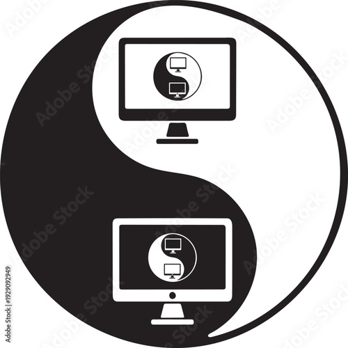 Yin and yang symbol featuring computer monitors in black and white