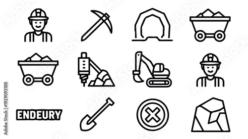 Mining industry related icons and symbols in line art style