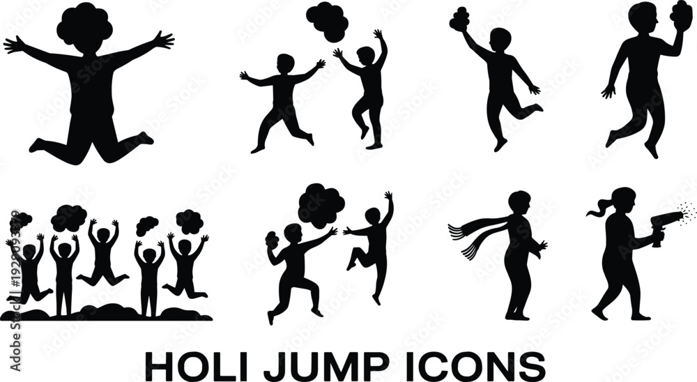 Obraz premium Vector illustration of happy children silhouettes jumping and playing with colors for Holi festival celebration icons isolated on a white background for creative designs