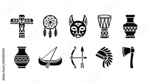 Native American cultural symbols and tribal icons on white background