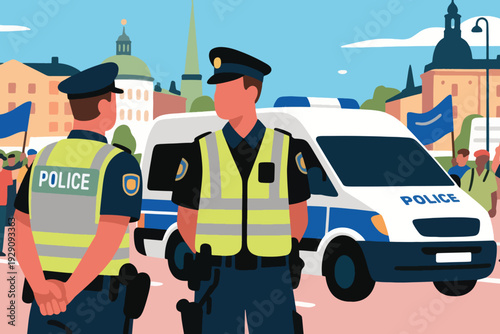 Illustration Of Two Police Officers Talking To Their Colleagues, A Police Car Blocks A Demonstration Vector Design Template
