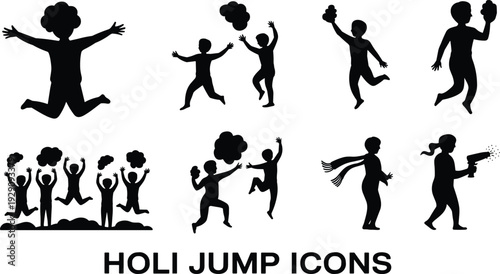 Vector illustration of happy children silhouettes jumping and playing with colors for Holi festival celebration icons isolated on a white background for creative designs