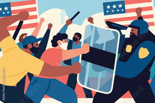 Illustration Of A Police Officer Carrying A Shield Being Beaten By A Group Of Demonstrators Vector Design Template