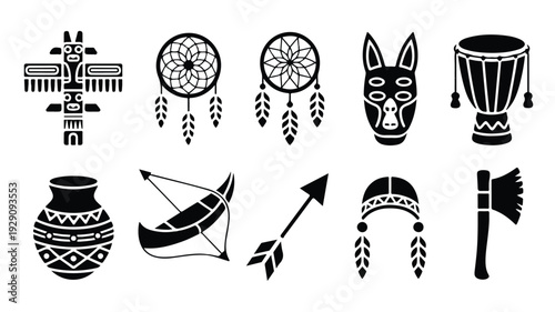 Native American tribal symbols and objects on white background