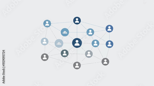 Network of people icons connected by lines on light gray background