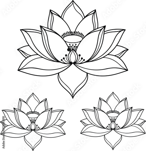 Minimal Lotus Flower Line Art Set – Black and White Botanical Vector Illustration for Logo, Tattoo, and Design