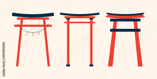 Set of Torii Gate Icons, Japan Japanese Culture Symbol, Red Minimal Flat Design, Clip Art Collection Isolated on Light Background for Poster, Banner, Web Banner and Print