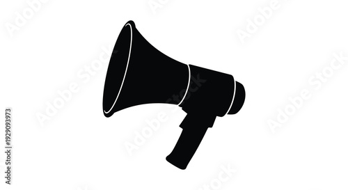 A stark black silhouette of a classic megaphone against a bright white backdrop emphasizing communication and voice silhouette