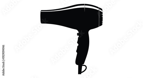 A stark black silhouette of a modern hair dryer against a clean white background showcasing its form silhouette
