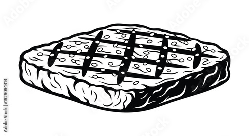 A detailed black and white illustration depicts a grilled steak with visible sear marks presented as a silhouette high quality professional