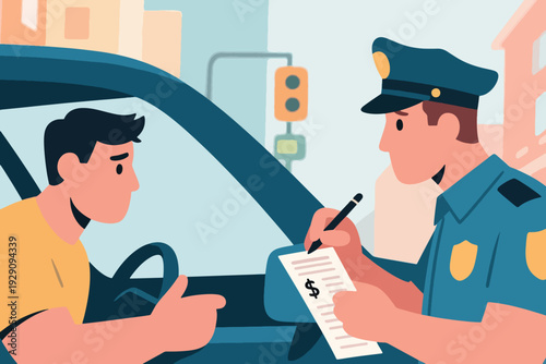Illustration Of A Car Driver Being Ticketed By A Police Officer For Violating Traffic Regulations Vector Design Template