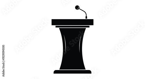 A stark black silhouette of a podium with a microphone isolated on a white background representing public speaking silhouette