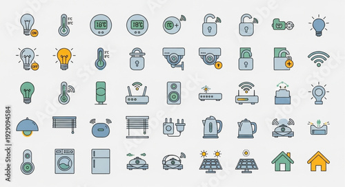 Collection of various smart home icons representing technology and automation.