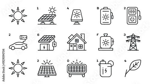 Renewable energy and sustainable technology icons set  solar panels battery leaf