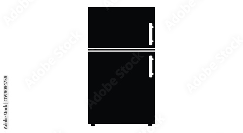 A stark black refrigerator stands isolated on a white background presented as a bold graphic silhouette high quality professional