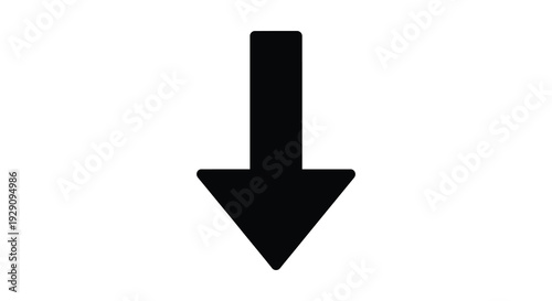 A stark black downward pointing arrow dominates a minimalist white background creating a strong visual direction silhouette high quality