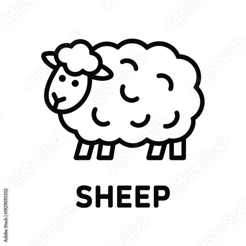 Simple black and white line drawing of a fluffy sheep with text
