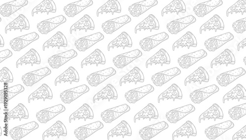 Pizza Pattern Design. Kebab Seamless pattern Slice Motif. Hand Drawn Outline. Decorative Food Background. Packaging Textile Use.