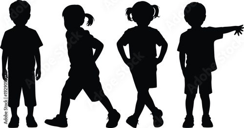 Children, kids, silhouette, standing, posing, boys, girls, childhood, playful, people, group, little, activity, fun, isolated, young, character, collection, adorable, concept