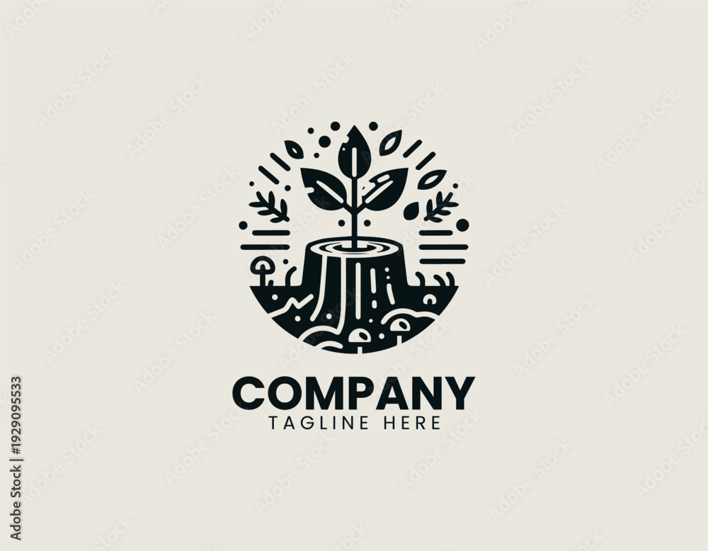 Obraz premium Sprouting plant from tree stump with forest elements in clean modern vector illustration style