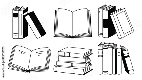 set of black and white illustrations of books in different positions