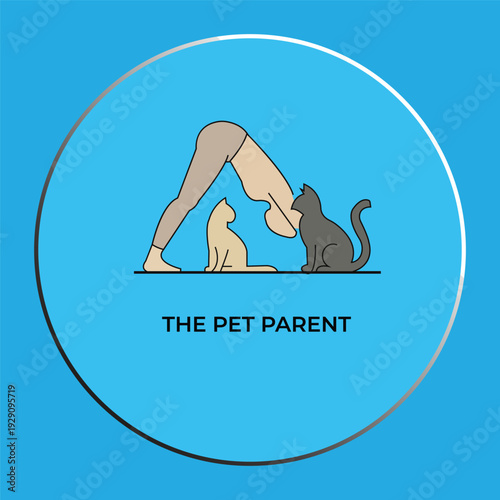 Woman doing yoga in downward dog pose with two cats, pet parent lifestyle vector illustration.